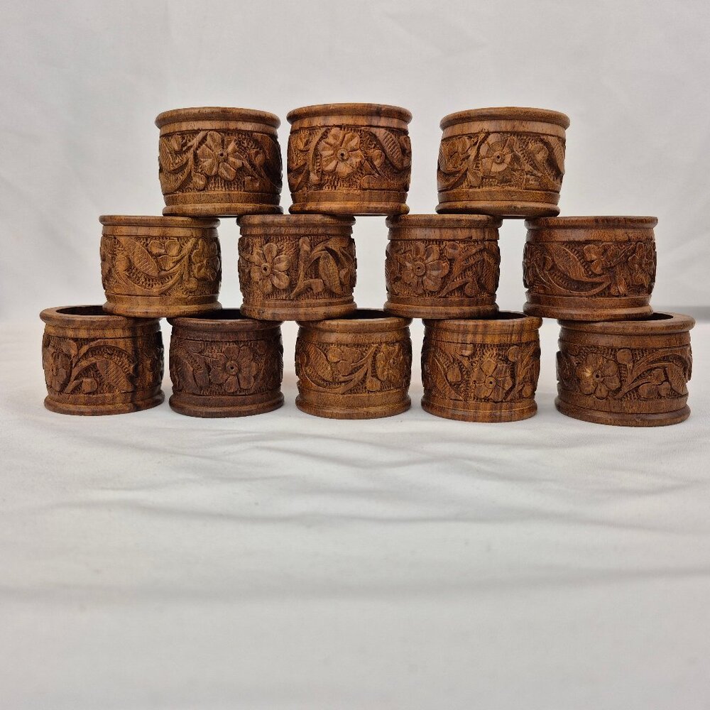 Vintage Handcarved Wood Floral Napkin Rings Set of 12 Made in India